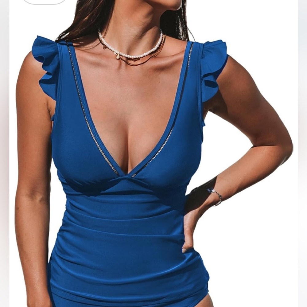 CUPSHE Women's Tankini Top Swimsuit V Neck Ruffled Ruched Sz: XL